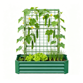 2-in-1 Raised Garden Bed with Trellis - 59" Tall Arch Planter Box for Climbing Plants, Outdoor Galvanized Metal Gardening Bed for Vegetables, Fruits